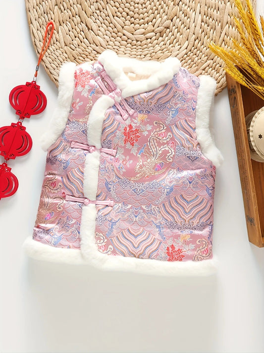 Girls Thick Embroidery Sleeveless Jacket Vintage Style Outerwear Top For Fall W