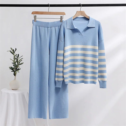 Winter Knit Tracksuit Two Piece Set Striped Sweater Matching Sets Women Knit Su