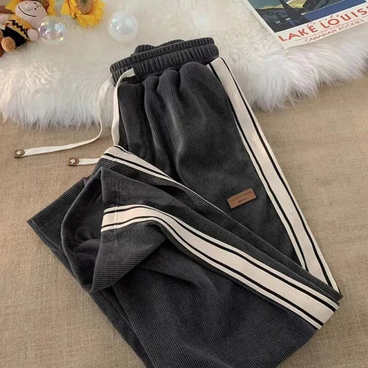 Fall Striped Corduroy Sweatpants Women Winter Thick High Waist Drawstring Wide