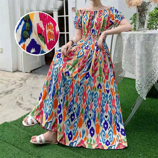 Women's Bohemian Style Beach Maxi Long Dress Floral Cotton Off Shoulder Round N