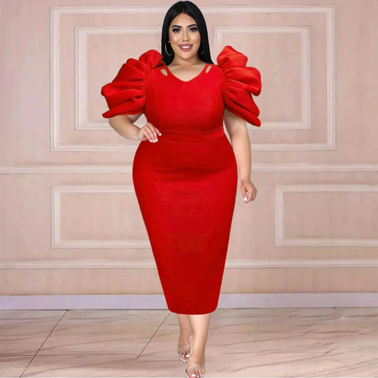 Plus Size 4XL Red Party Dresses Women Pleated Short Sleeves Midi Stylish High W