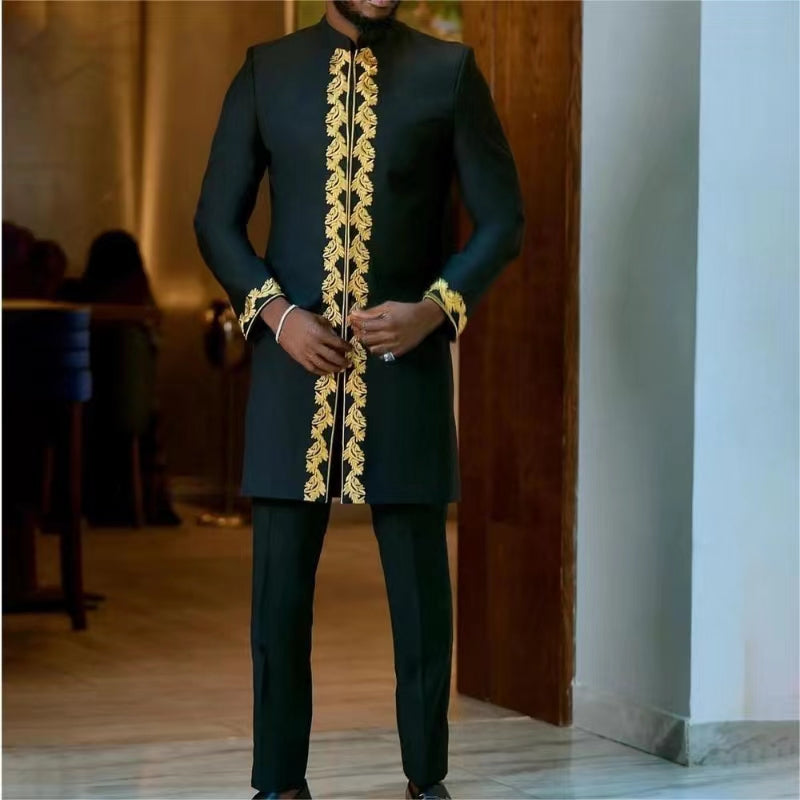 Dashiki African Ethnic Men's Long-Sleeved T-Shirt Trousers Suit Personality Pri