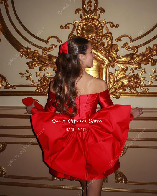 Qanz Gorgeous Red Short Prom Dresses Satin With Large Bow Long Sleeves Dress Party