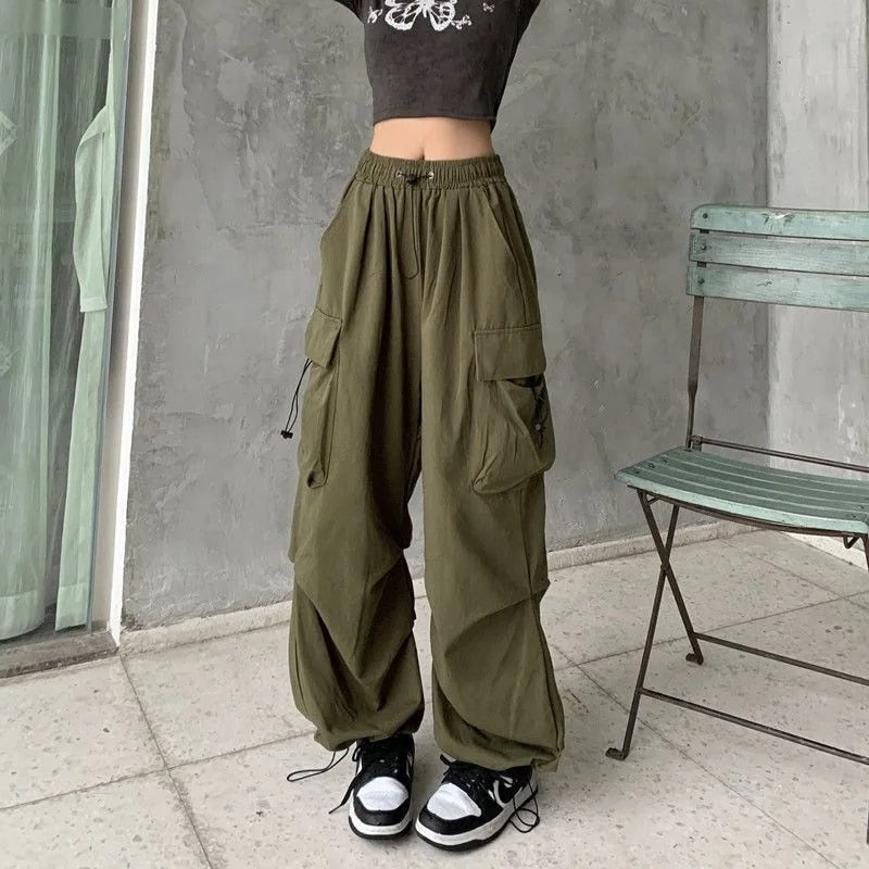 Y2K Trousers Women Cargo Pants Straight Wide Leg Drawstring Oversize Pockets Kp