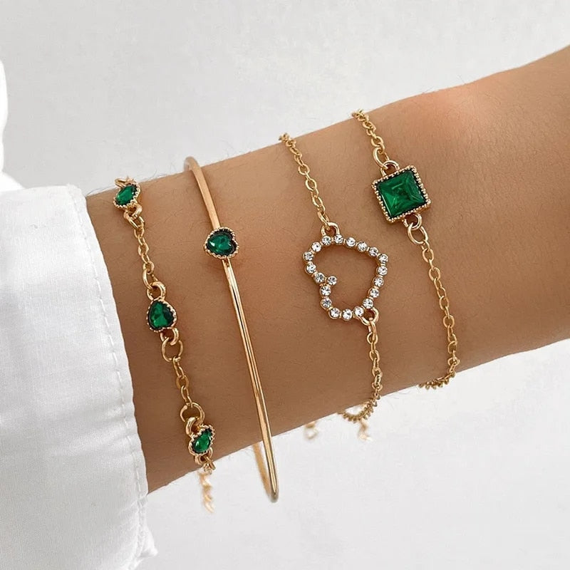 New Fashion Green Crystal Eye Heart Bracelets for Women Vintage Gold Color Snak