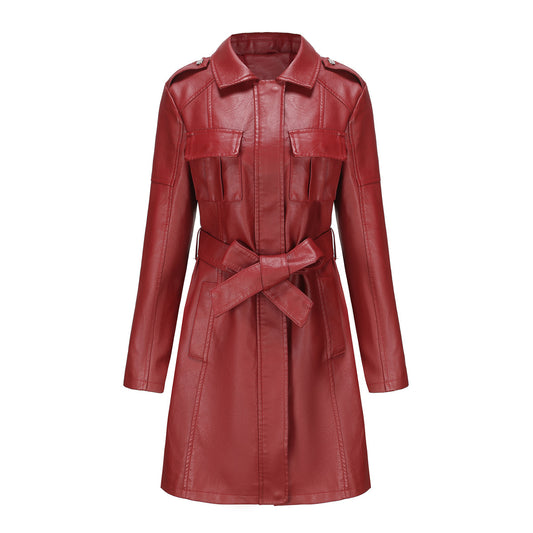 Women's Mid-length Leather Trench Coat with Belt