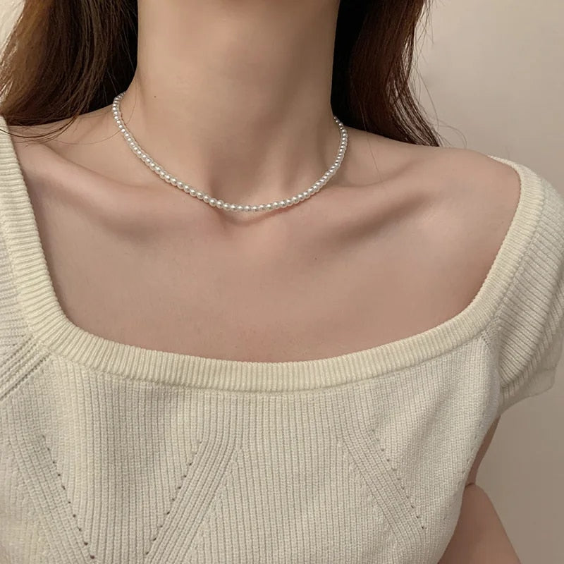 Classic Elegant White Pearl Chokers Necklace For Women Men Wedding Banquet Neck