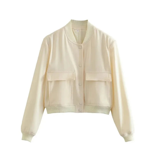 Woman Bomber Jacket Coat White Autumn Winter Button Baseball Aviator Cropped Ja