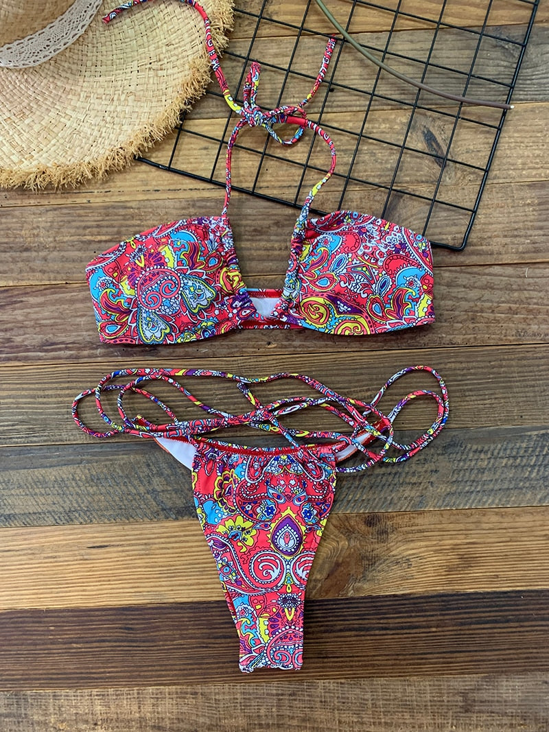 Gorgeous Halter Mini String Bikini 2022 New Women's Swimsuit Floral Print Women Swimwear Summer Bikini Set Women's Bathing Suit