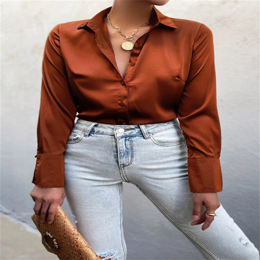 Silk Satin Women Shirt Elegant Green Loose Top Button Up Office Ladies Shirt 2022 Spring Summer Long Sleeve Blouse Vintage Tops