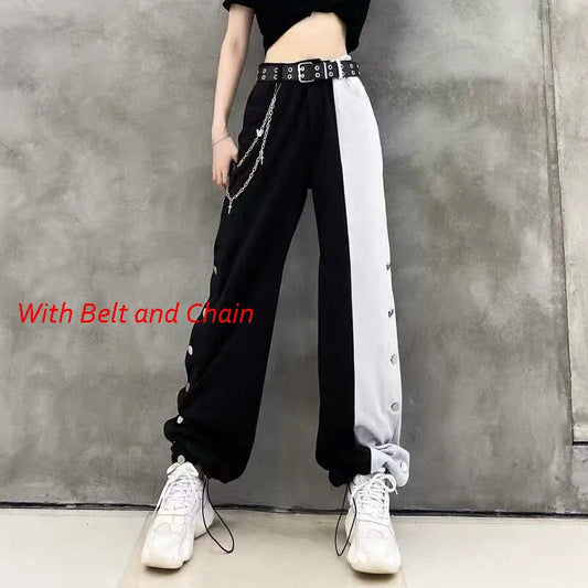 2022 Women Fashion Contrast Cargo Pants Female New Arrival Elastic Waist Wide Leg Trousers Ladies Korean High Street Cotton Pant