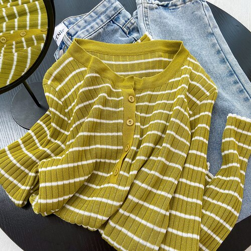 Yitimuceng Korean Style O-Neck Short Knitted Sweaters Women Striped Sweater Slim Shirt Chic Top Autumn Thin Long Sleeve T-Shirt