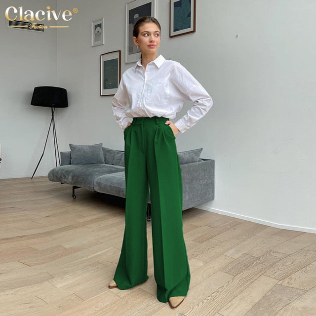 Clacive Blue Office Women'S Pants 2021 Fashion Loose Full Length Ladies Trousers Casual High Waist Wide Pants for Women