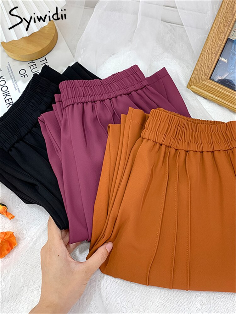 Syiwidii Chiffon Pants Women Elastic Waist 2022 Summer Korean Fashion Casual High Waist Solid Ladies Elegant Wide Leg Trousers