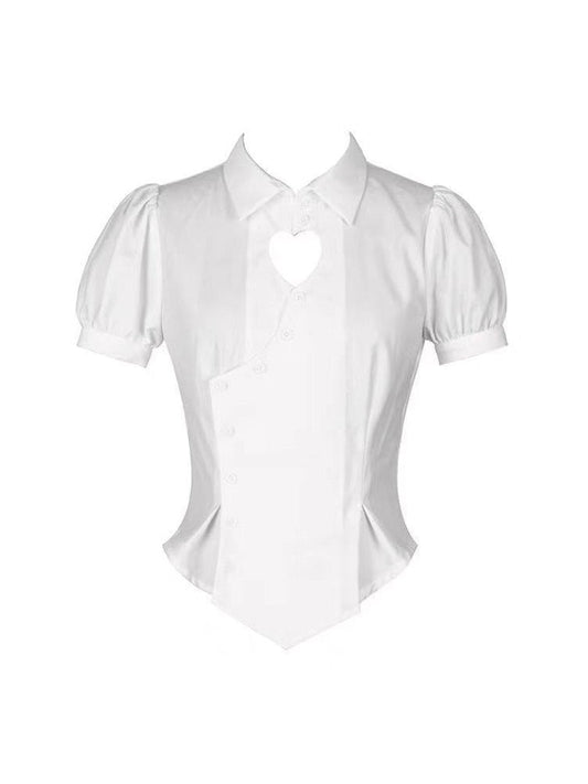 HOUZHOU Korean Slim White Shirt Tunics Woman Gorgeous Heart Hollow Out Cute Puff Sleeve School Shirt Preppy Style Tops Jk Uniform