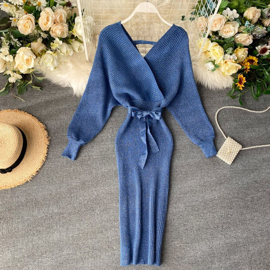 SINGRAIN Women Shiny Knitted Dress Gorgeous v Neck Puff Sleeve Elastic Sheath Knitting Dress Autumn Solid Bow Sashes Pencil Dress