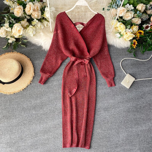 SINGRAIN Women Shiny Knitted Dress Gorgeous v Neck Puff Sleeve Elastic Sheath Knitting Dress Autumn Solid Bow Sashes Pencil Dress