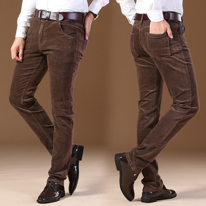 2021 New Men's Corduroy Casual Pants Business Fashion Solid Color Elastic Regular Fit Trousers Male Black Khaki Coffee Navy,8001