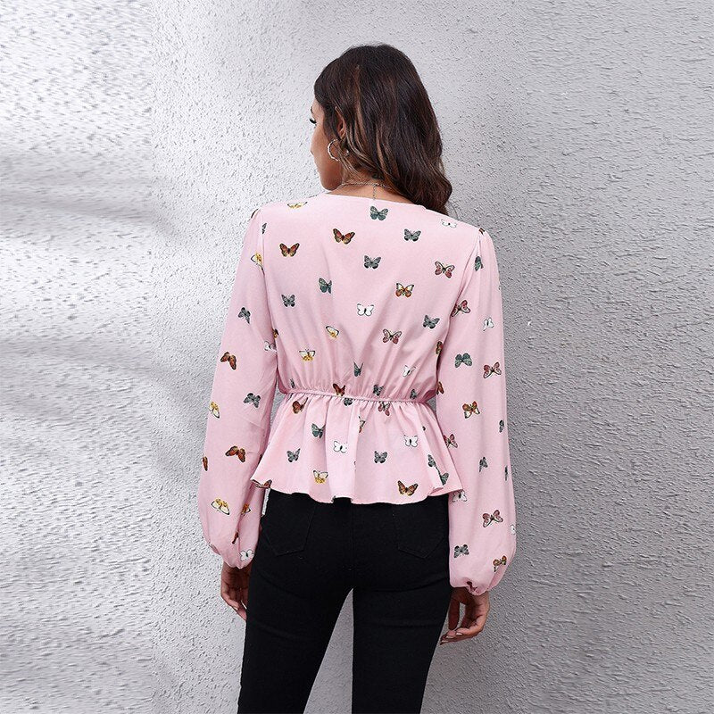 2022 New Butterfly Print Blouse Women Fashion v Neck Long Sleeve Collect Waist Design Shirts Ladies Elegant Casual Top