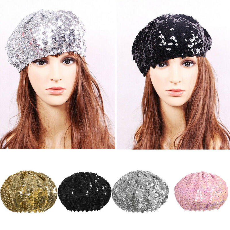 Women Sequins Hat Shiny Costume Jazz Glitter Dance Beret Round Cap Ladies Fashion Accessories Beanie Lady Costume Stretch Party