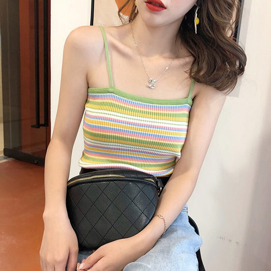 Women Short Tops Summer Rainbow Striped Knitted Basic Shirt Vest Ins Street Sleeveless Suspender Outwear Vintage Travel Tank