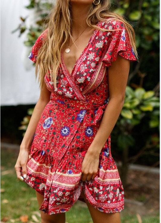 Women Short Sleeve Wrap Boho Floral Mini Dress Ladies Summer Sundress Holiday v Neck Short Sleeve Print Dress 9 Colors