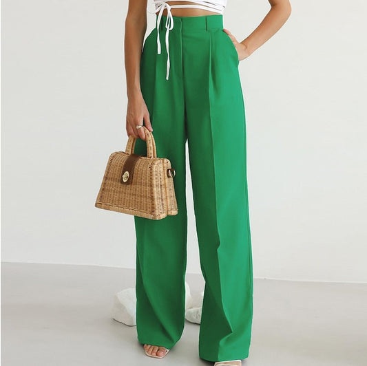 2022 Spring Women's Green High Waist Wide Leg Pants Ladies Suit Pants Loose Casual Long Trousers