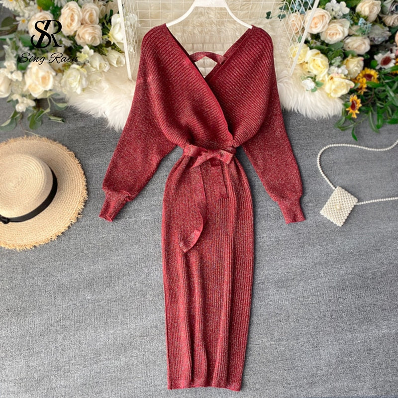 SINGRAIN Women Shiny Knitted Dress Gorgeous v Neck Puff Sleeve Elastic Sheath Knitting Dress Autumn Solid Bow Sashes Pencil Dress