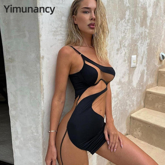 Yimunancy Gorgeous Club Sheer Mesh Dress 2022 Ladies Sleeveless Paneled Slanted Shoulder Slim Fit Hip Dress