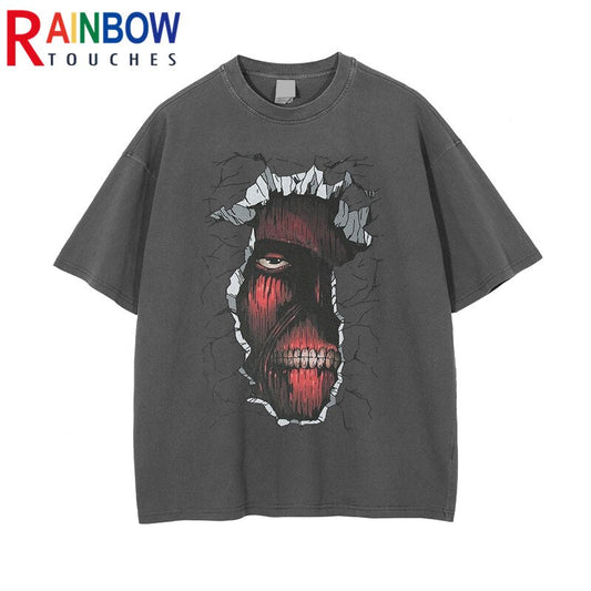 Rainbowtouches 2022 Washed Men's New T Shirt Vintage Unisex Star Pattern Design Couples Shirt High Street Graphic Mens T Shirts