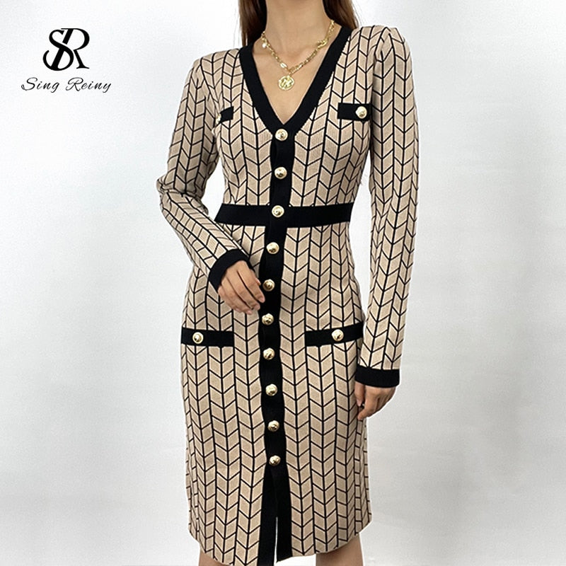 SINGREINY Women Design Plaid Knitted Dress Long Sleeve v Neck Single Breasted Slim Sheath Dresses Autumn Bodycon Sweater Dress