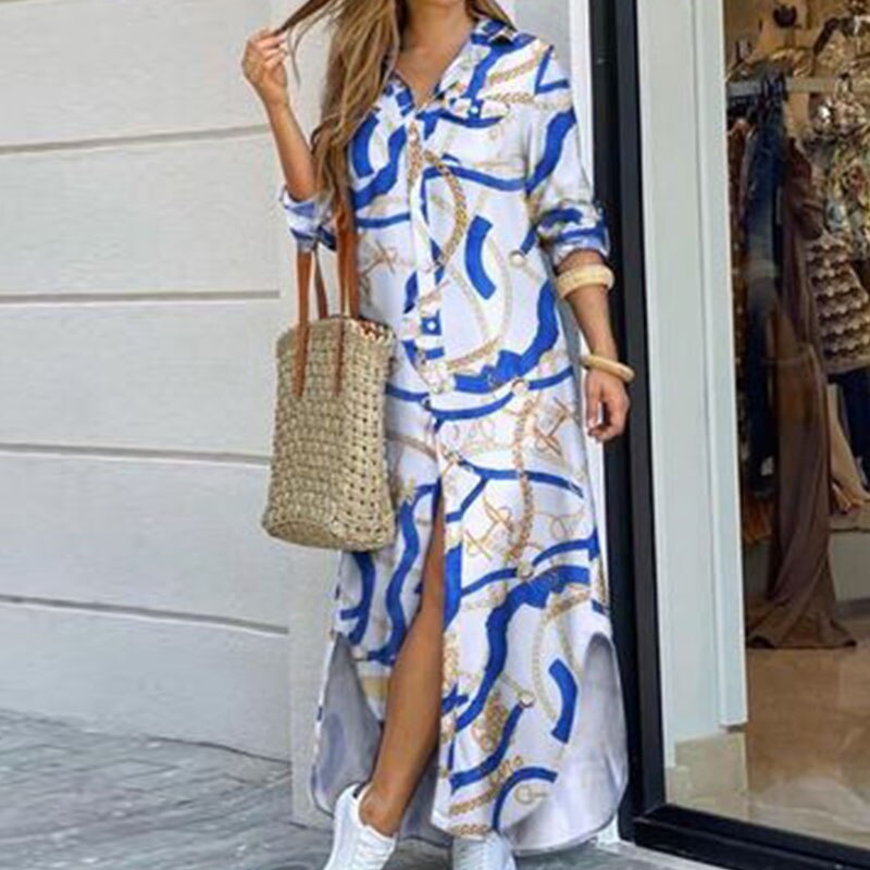 Women Fashionable Shirt-Style Button Dress Ladies Casual Long Street Dress Large Size Loose Home Commuter Print Dress