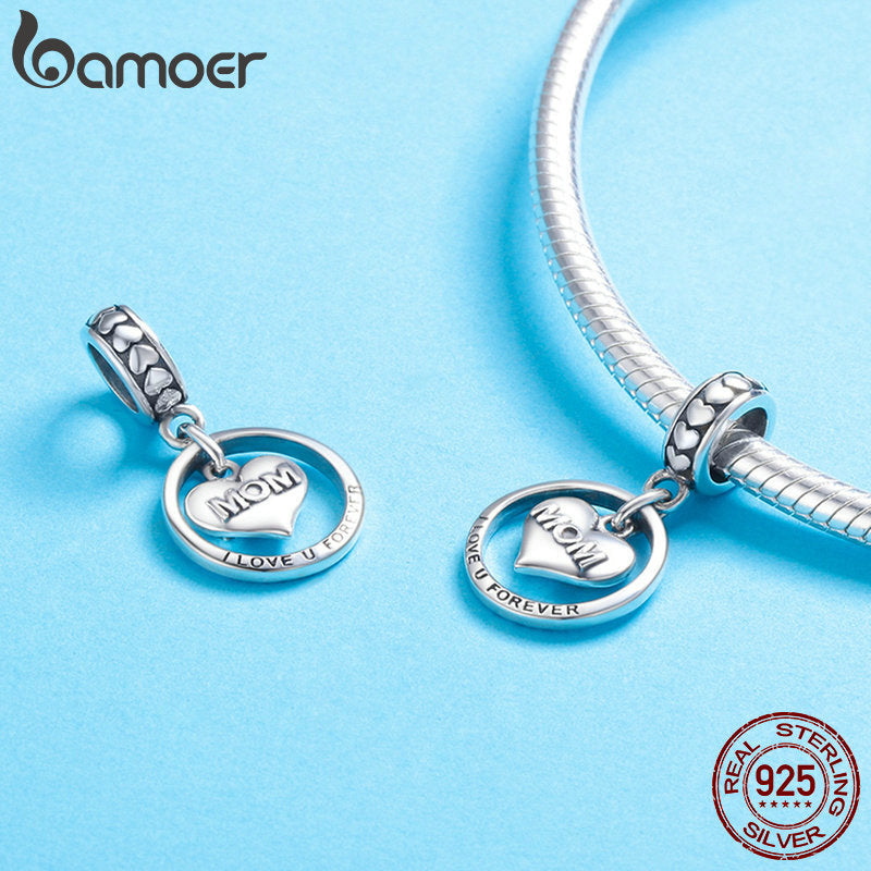 BAMOER 925 Sterling Silver I Love u Forever Mom Mother Engrave Beads fit Charm Bracelets & Bangles Jewelry Mother Gift SCC649