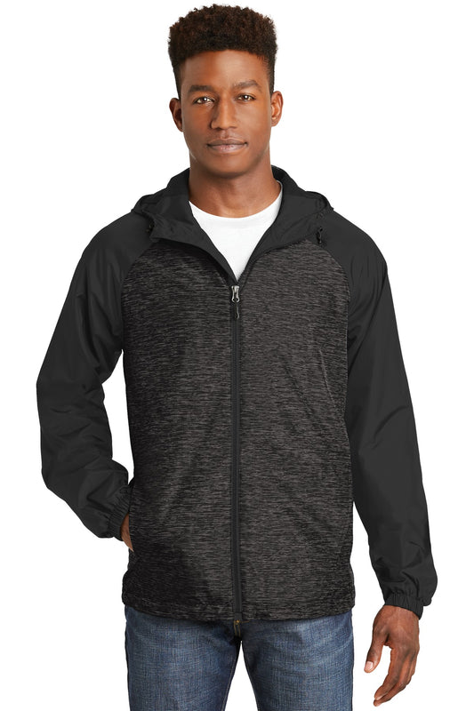 Sport-Tek? Heather Colorblock Raglan Hooded Wind Jacket. JST40