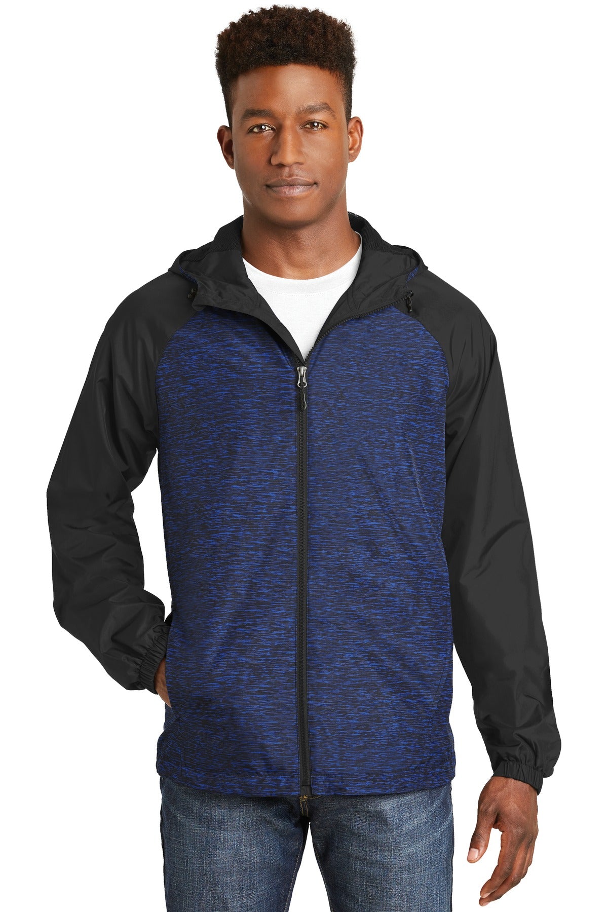 Sport-Tek? Heather Colorblock Raglan Hooded Wind Jacket. JST40