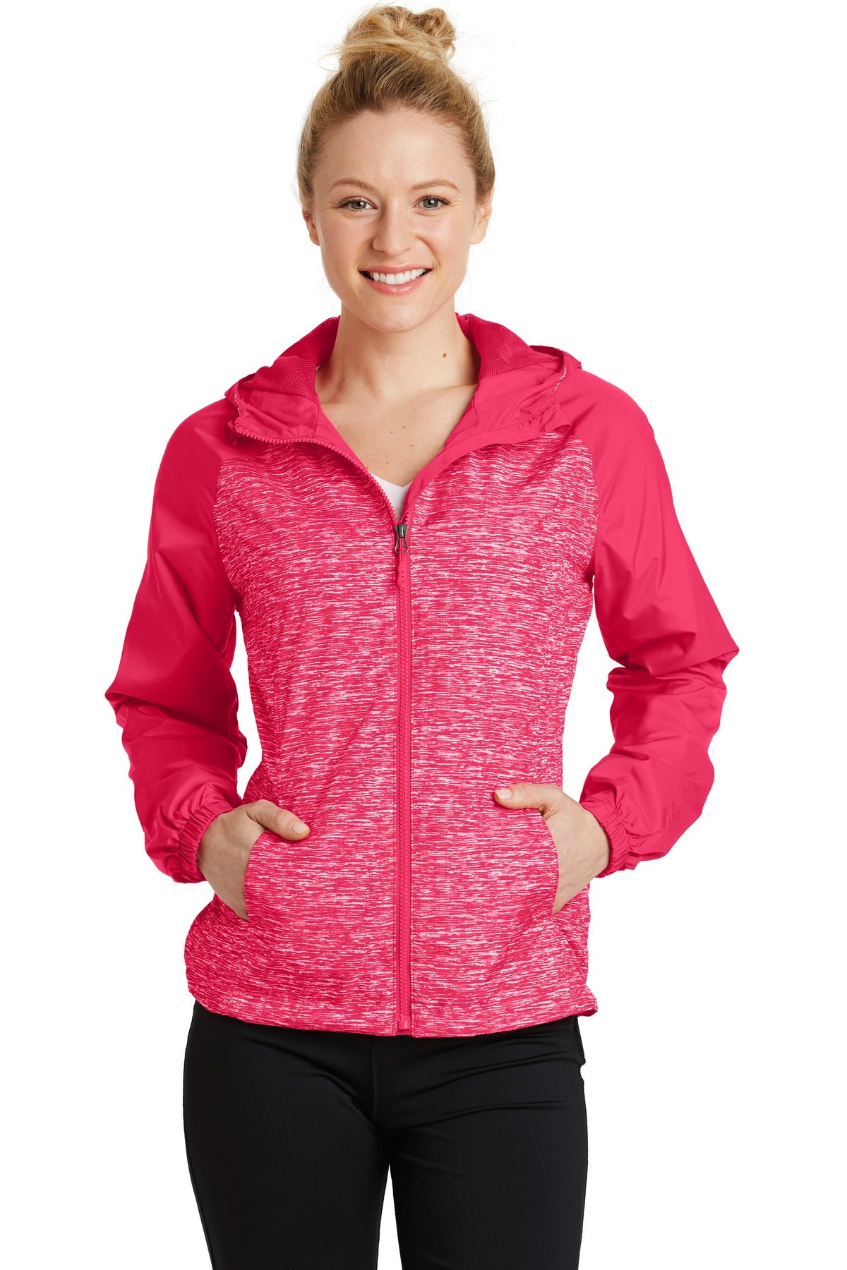 Sport-Tek &#174;  Ladies Heather Colorblock Raglan Hooded Wind Jacket. LST40