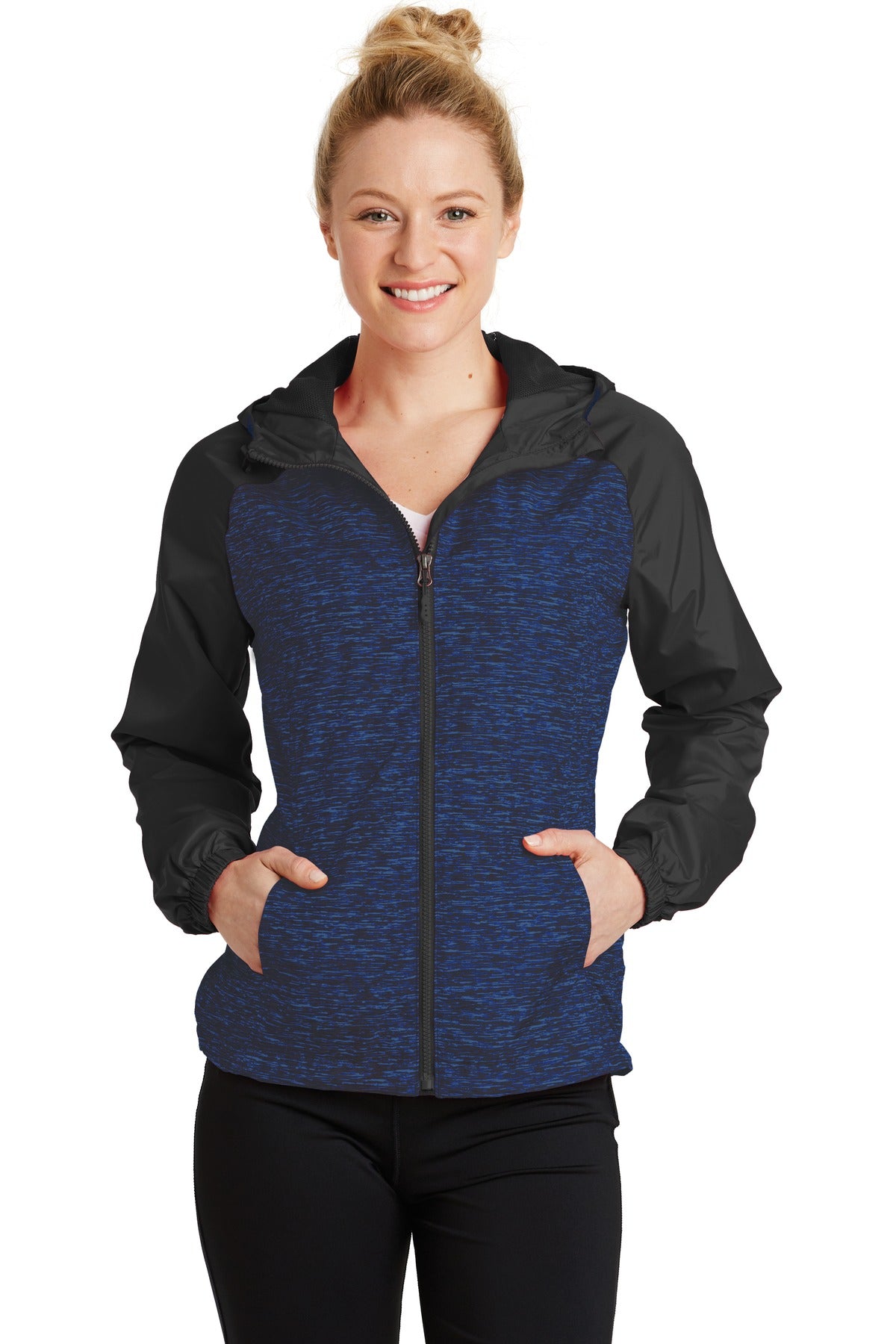 Sport-Tek &#174;  Ladies Heather Colorblock Raglan Hooded Wind Jacket. LST40