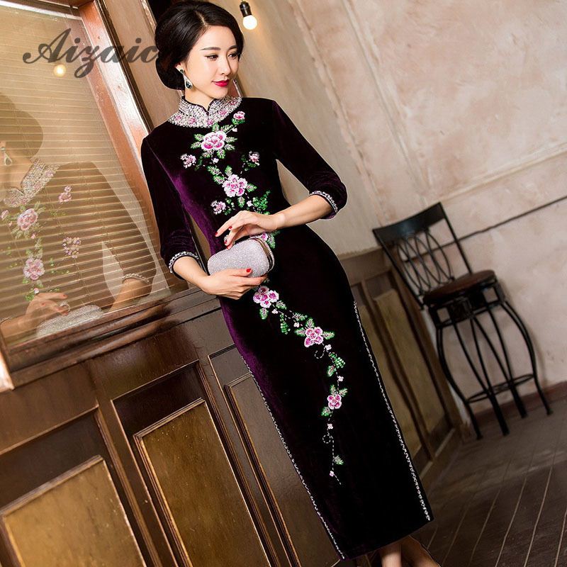 Long Green Pleuche Traditional Qipao Women's Chinese Cheongsams Velvet Vestido Oriental Sequins Embroider Dress Qi Pao Cheongsam