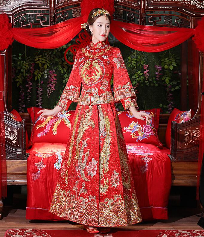 Luxury ancient Royal Red embroidery Chinese bride wedding dress Qipao Chinese Traditional Dress Women Oriental Qi Pao Size S-XXL