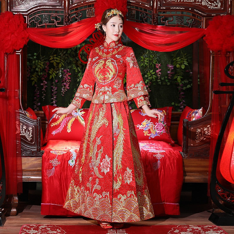 Luxury ancient Royal Red embroidery Chinese bride wedding dress Qipao Chinese Traditional Dress Women Oriental Qi Pao Size S-XXL