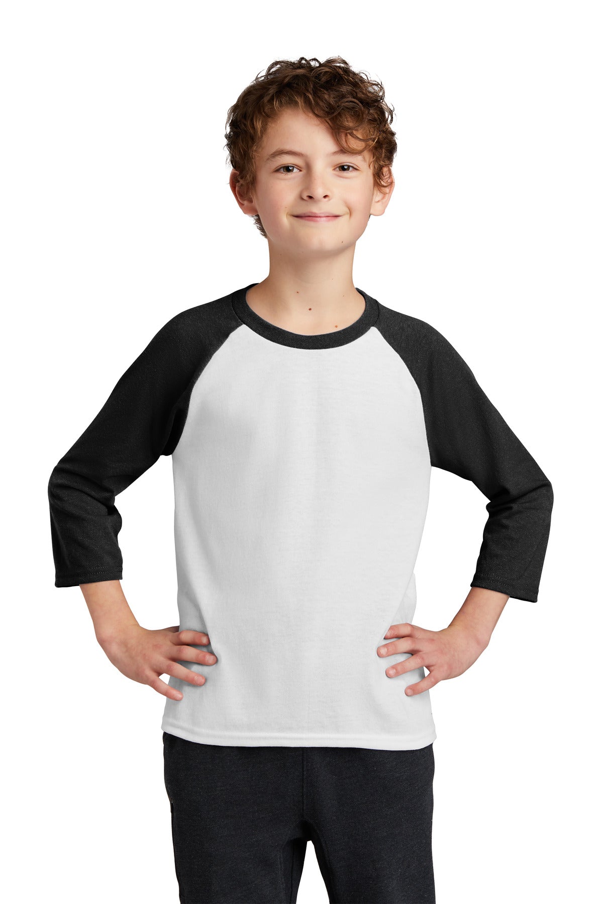 Port & CompanyÂ® Youth Core Blend 3/4-Sleeve Raglan Tee. PC55YRS