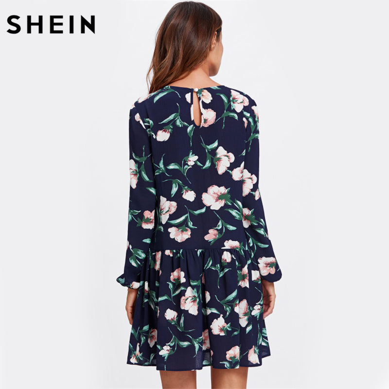 SHEIN Allover Flower Print Drop Waist Dress Ladies Navy Long Sleeve Autumn Womens Dresses Elegant Floral A Line Dress