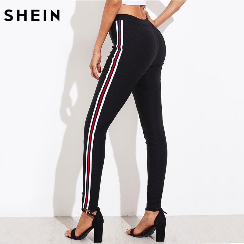 SHEIN Ladies Side Striped Skinny Pants High Waist Workwear Woman Pants Casual Women Autumn Black Zipper Fly Skinny Trousers