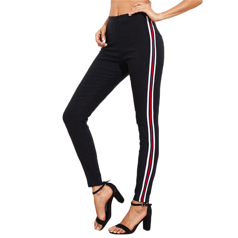 SHEIN Ladies Side Striped Skinny Pants High Waist Workwear Woman Pants Casual Women Autumn Black Zipper Fly Skinny Trousers