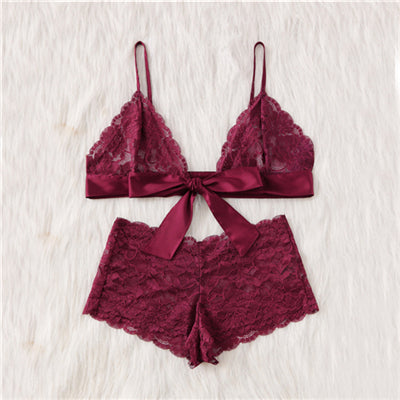 SHEIN Pajamas Set for Women Gorgeous Nightwear Sleepwear Ladies Burgundy Tie Front Lace Bralette and Pantie Lingerie Set