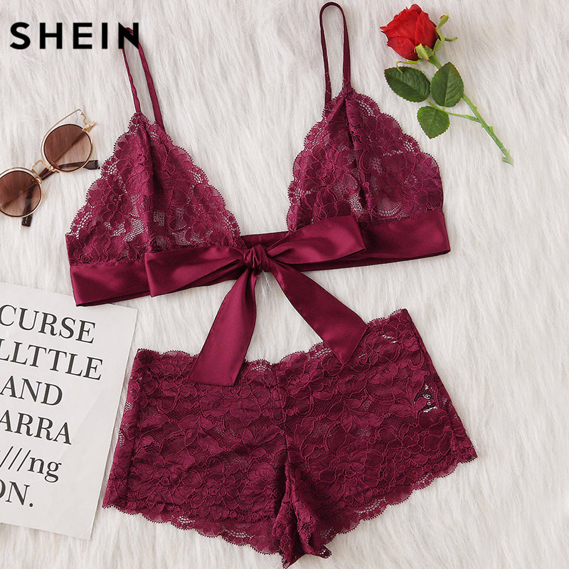 SHEIN Pajamas Set for Women Gorgeous Nightwear Sleepwear Ladies Burgundy Tie Front Lace Bralette and Pantie Lingerie Set