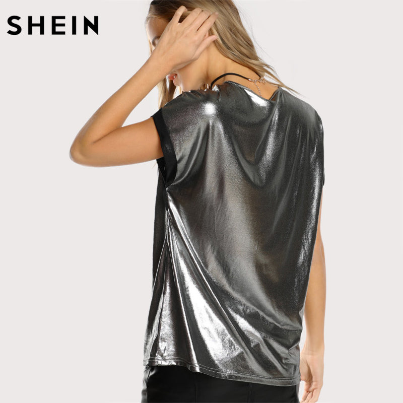 SHEIN Roll Cut Coated T-shirt Silver Short Sleeve O Neck Regular Fit T-shirt Ladies Party Summer T shirts for Women