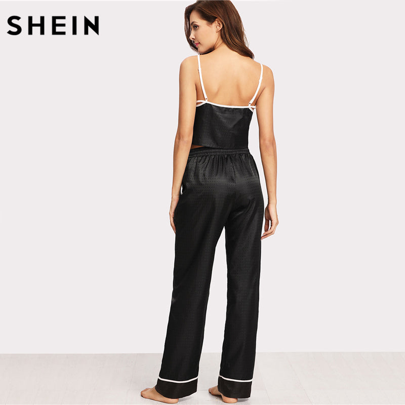 SHEIN Women Pajamas Sleepwear Two Piece Set Black Spaghetti Strap Eyelash Lace Applique Cami Top and Pants Pajamas Set