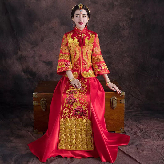 Traditional Chinese Wedding dress Qipao Evening Dress Long Cheongsam Women Embroidery Phoenix Oriental Party Dresses Red Qi Pao