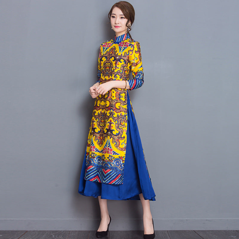 Traditional Vietnam Ao Dai Chinese Style Retro Print Dresses Qipao Long Cheongsam Dress Robe Chinoise Modern Cheongsam Aodai